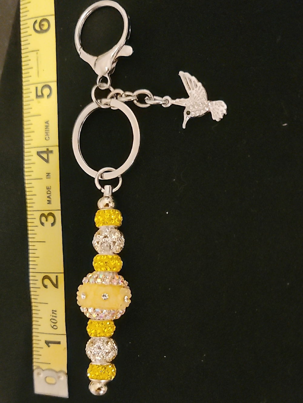 Yellow + Silver Bird + Floral Rhinestone Keychain - Picture 3 of 4